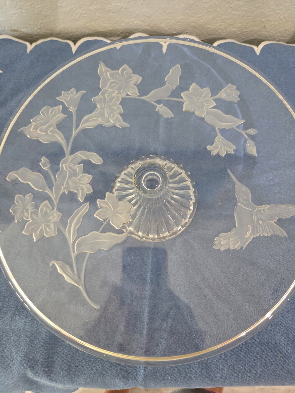 Princess House Etched Glass Cake Stand with Floral and Hummingbird Motif